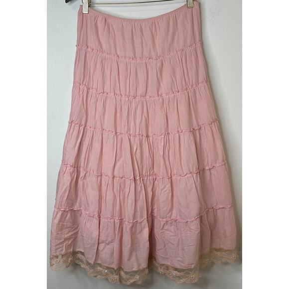Lg Y2K VTG Forever 21 Powder Pink Tiered Maxi Skirt Boho Lace Beaded Cottagecore - Picture 1 of 7